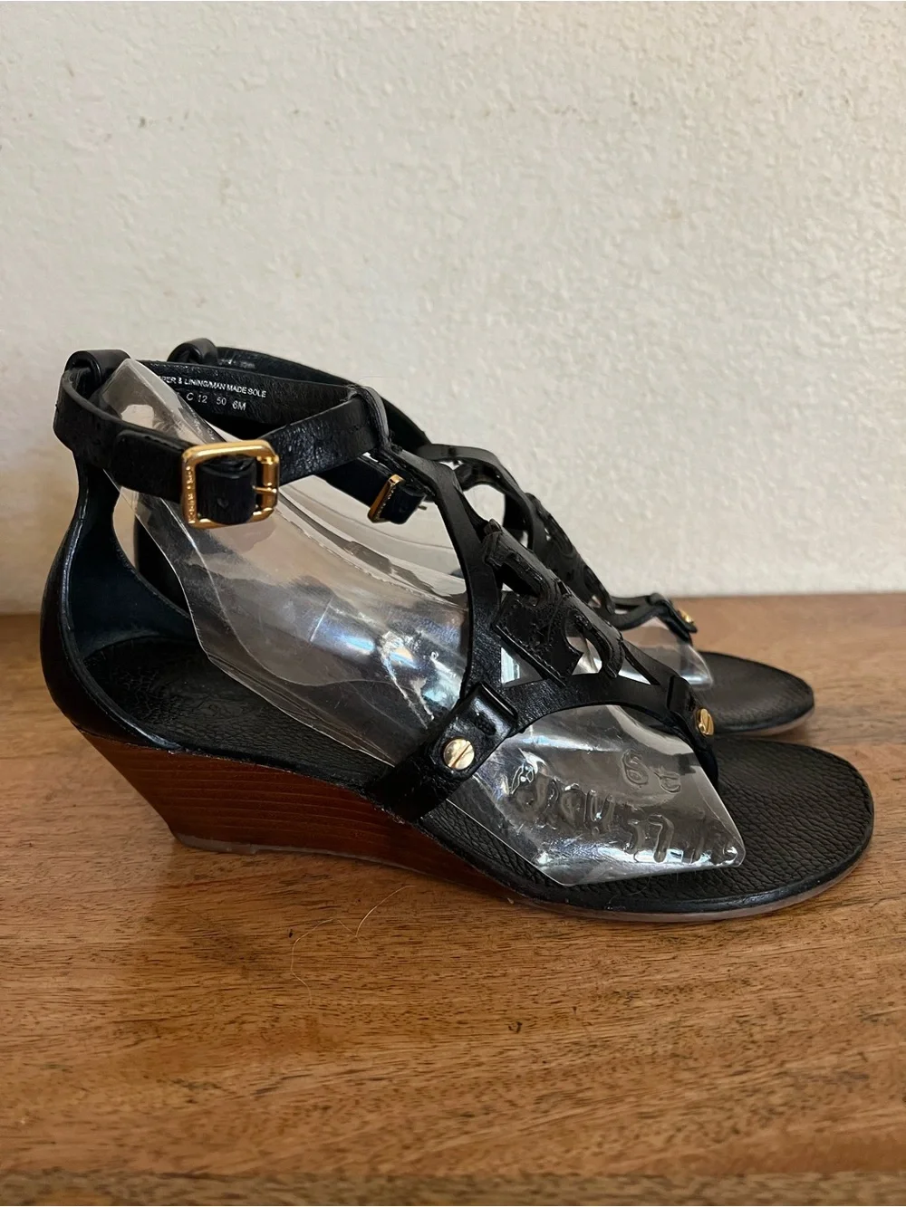 Tory Burch Miller  Black Leather Wedge Strappy Sandal Size 6M